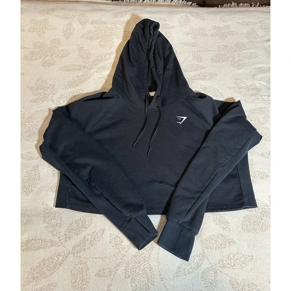 Gymshark Cropped Hoodie Sweatshirt Women Black Athletic Workout Size Large - Picture 6 of 13
